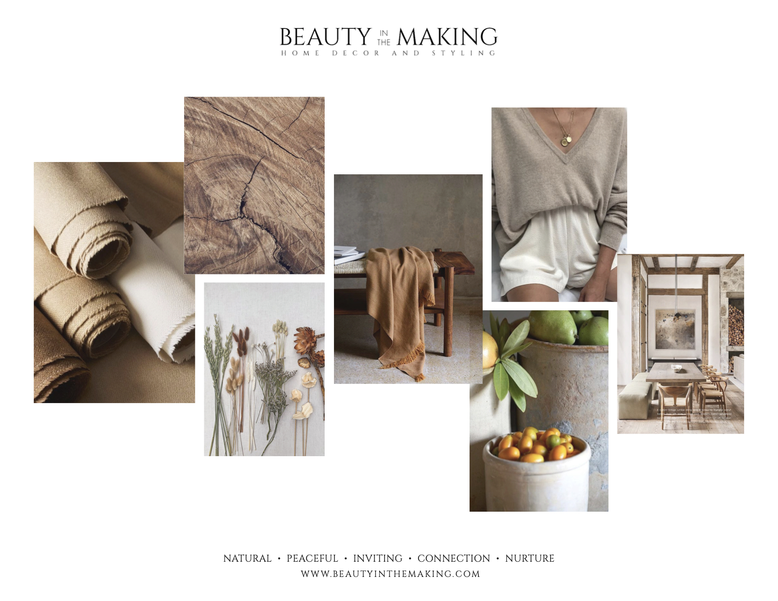 An inspiration board in soft natural tones, created for a client